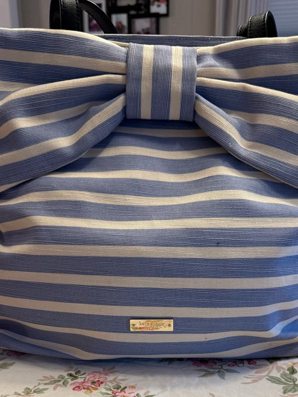 kate spade Light Blue and White Striped Tote with Gold Trim